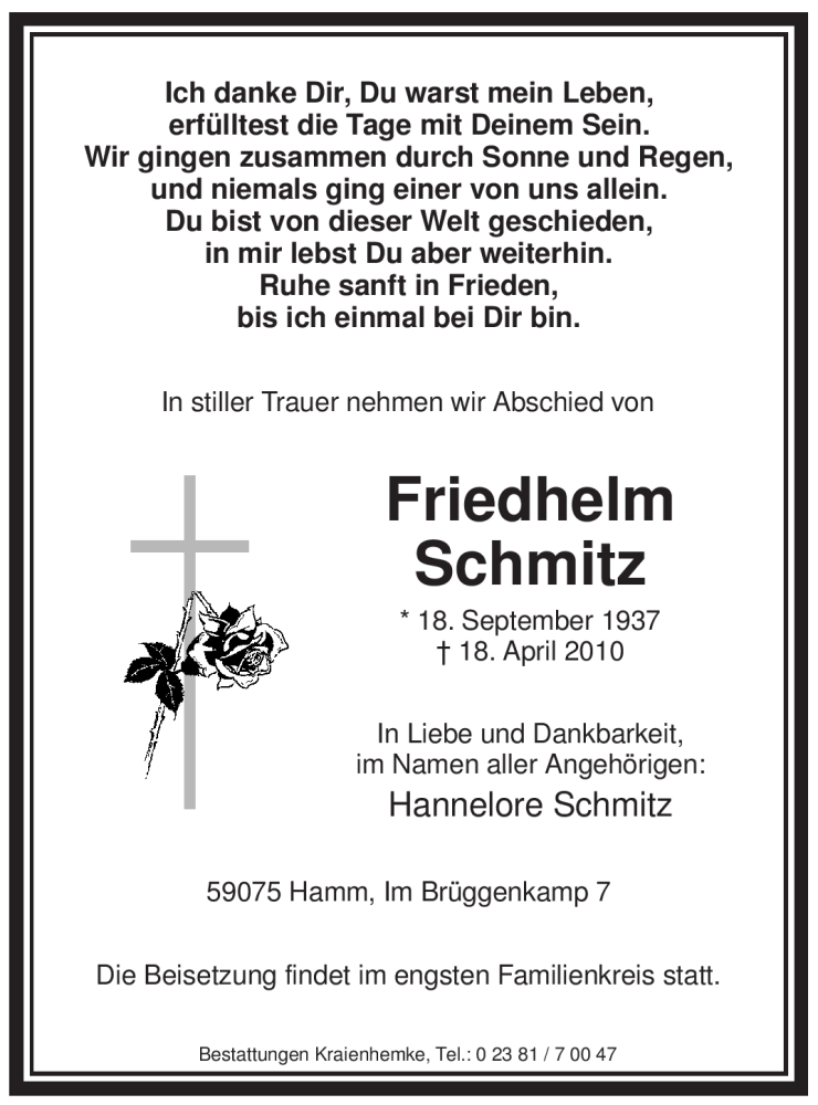  Traueranzeige für Friedhelm Schmitz vom 20.04.2010 aus WESTFÄLISCHER ANZEIGER