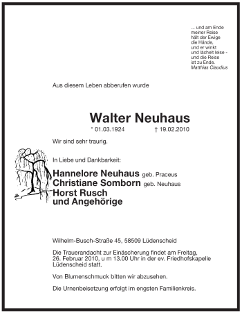 Traueranzeige von Walter Neuhaus von WESTFÄLISCHER ANZEIGER