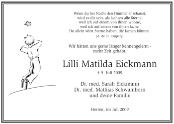 Traueranzeige von Lilli Matilda Eickmann von WESTFÄLISCHER ANZEIGER