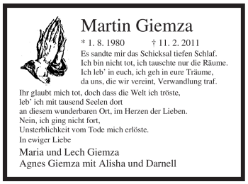 Traueranzeige von Martin Giemza von WESTFÄLISCHER ANZEIGER