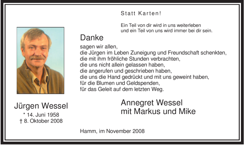  Traueranzeige für Jürgen Wessel vom 15.11.2008 aus WESTFÄLISCHER ANZEIGER