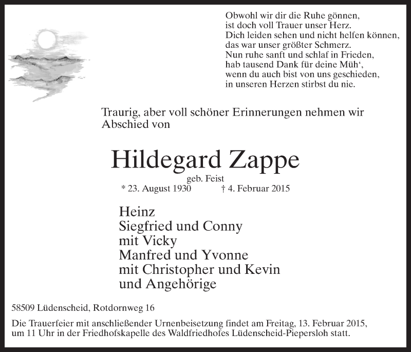  Traueranzeige für Hildegard Zappe vom 10.02.2015 aus MZV