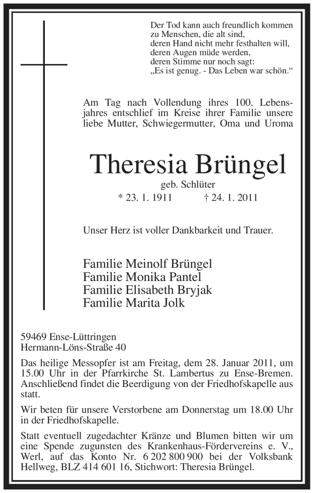  Traueranzeige für Theresia Brüngel vom 25.01.2011 aus WESTFÄLISCHER ANZEIGER