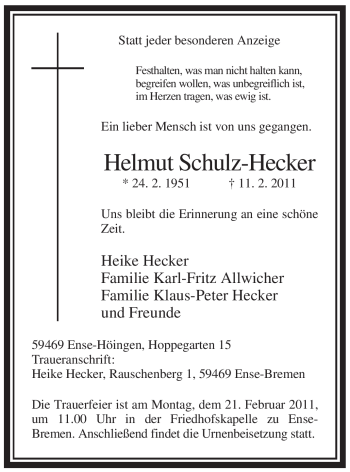 Traueranzeige von Helmut Schulz-Hecker von WESTFÄLISCHER ANZEIGER