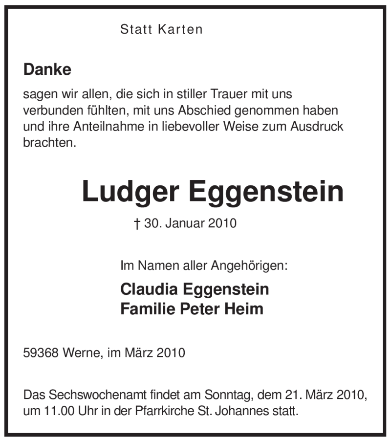  Traueranzeige für Ludger Eggenstein vom 13.03.2010 aus WESTFÄLISCHER ANZEIGER