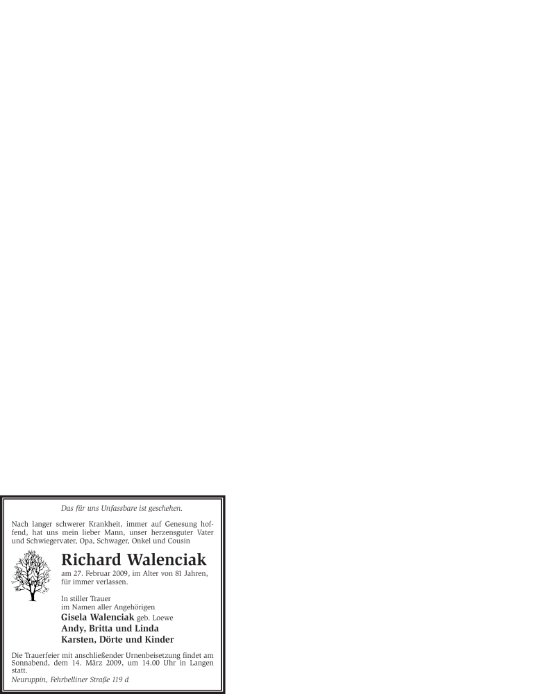  Traueranzeige für Richard Walenciak vom 05.03.2009 aus WESTFÄLISCHER ANZEIGER