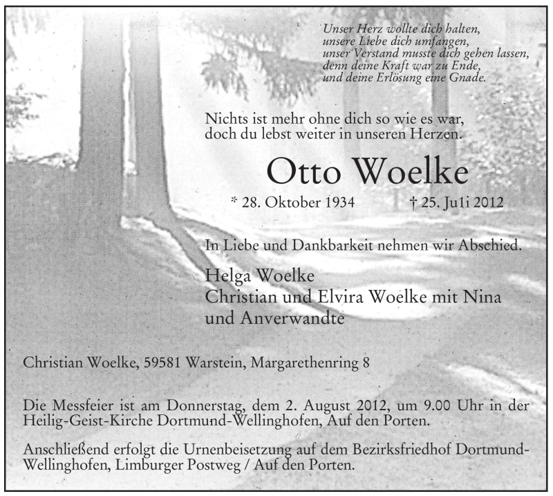  Traueranzeige für Otto Woelke vom 28.07.2012 aus WESTFÄLISCHER ANZEIGER