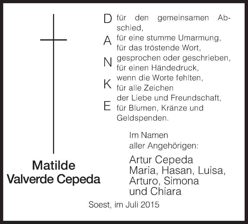  Traueranzeige für Matilde Valverde Cepeda vom 18.07.2015 aus MZV