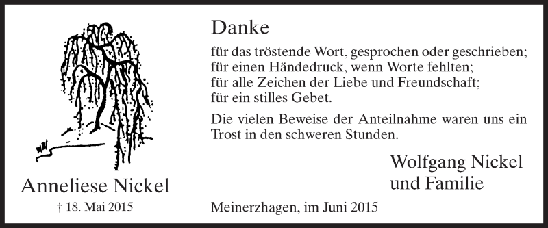  Traueranzeige für Anneliese Nickel vom 13.06.2015 aus MZV