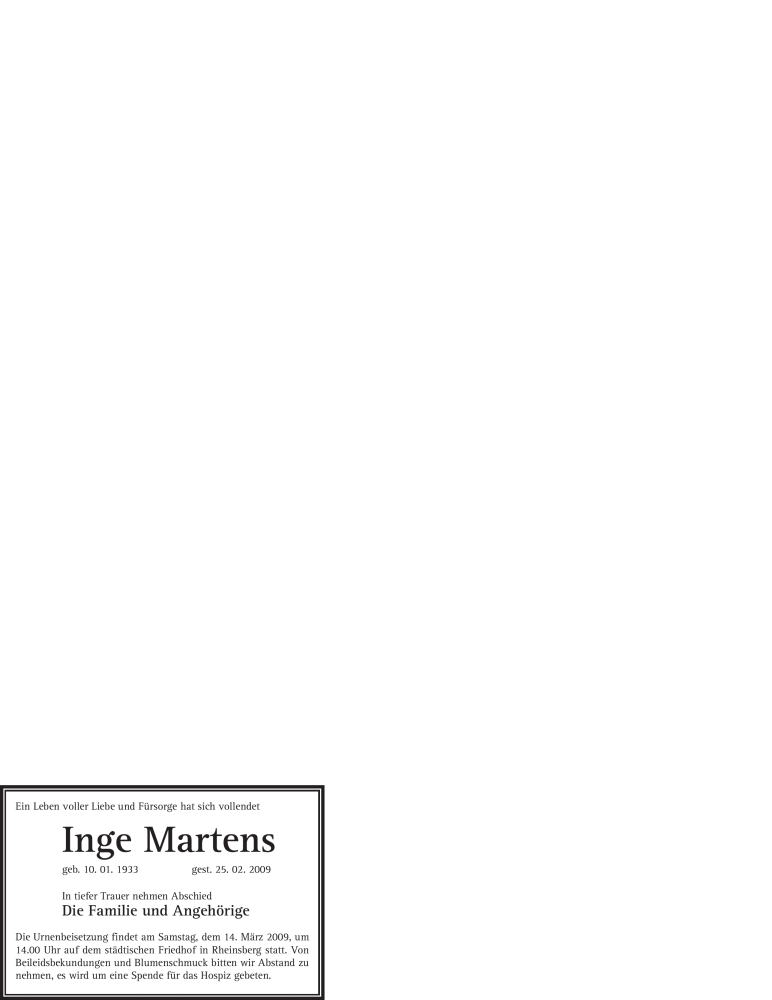  Traueranzeige für Inge Martens vom 11.03.2009 aus WESTFÄLISCHER ANZEIGER
