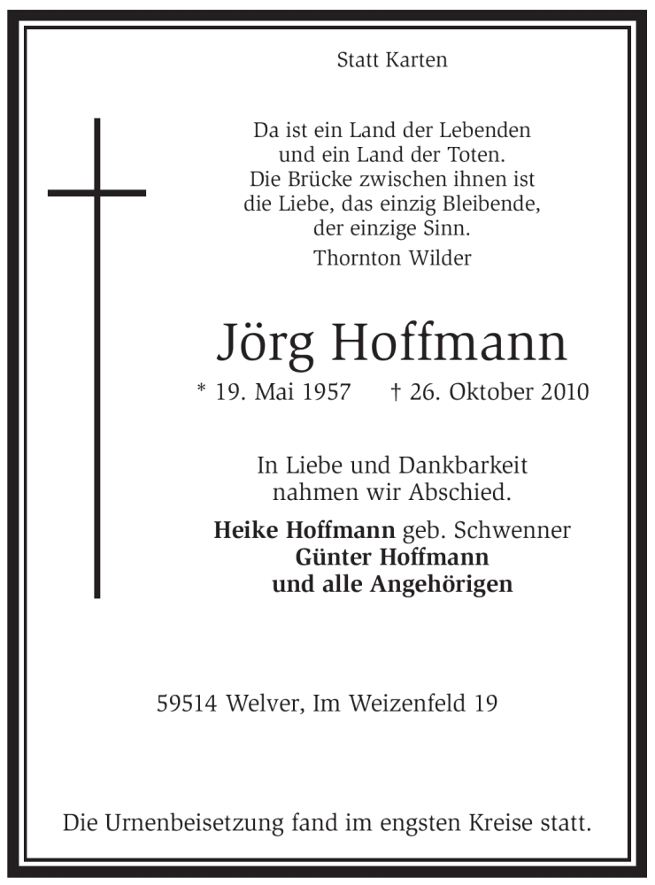  Traueranzeige für Jörg Hoffmann vom 08.11.2010 aus WESTFÄLISCHER ANZEIGER