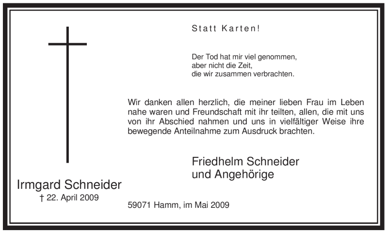  Traueranzeige für Irmgard Schneider vom 23.05.2009 aus WESTFÄLISCHER ANZEIGER