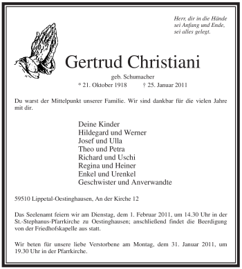 Traueranzeige von Gertrud Christiani von WESTFÄLISCHER ANZEIGER