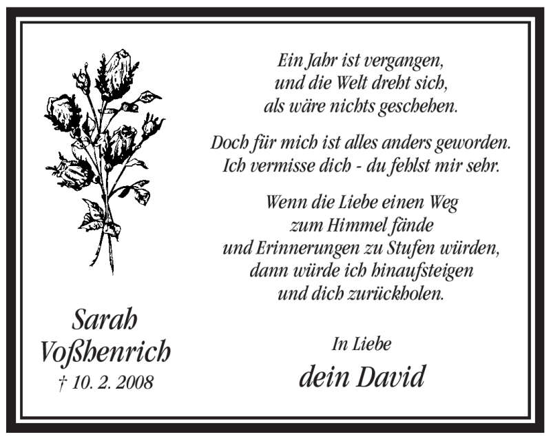  Traueranzeige für Sarah Voßhenrich vom 10.02.2009 aus WESTFÄLISCHER ANZEIGER