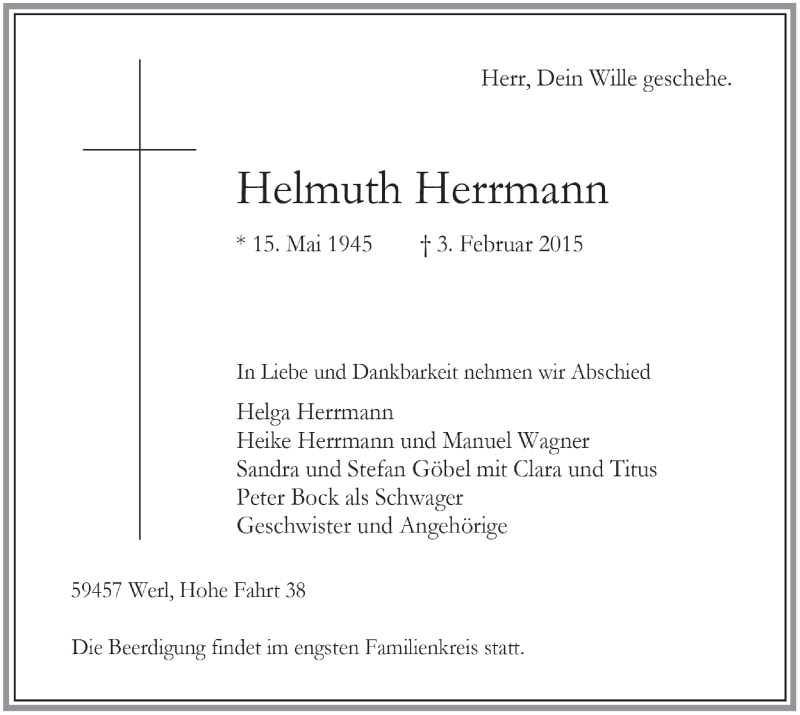  Traueranzeige für Helmuth Herrmann vom 05.02.2015 aus MZV