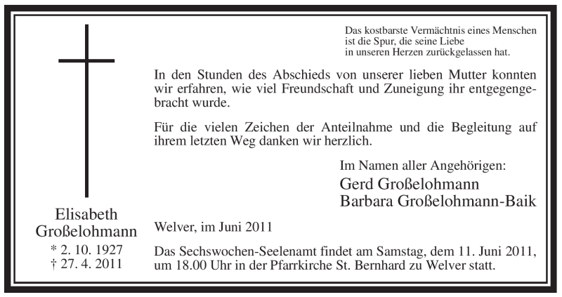 Traueranzeige für Elisabeth Großelohmann vom 04.06.2011 aus WESTFÄLISCHER ANZEIGER