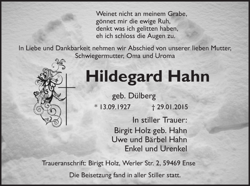  Traueranzeige für Hildegard Hahn vom 14.02.2015 aus MZV