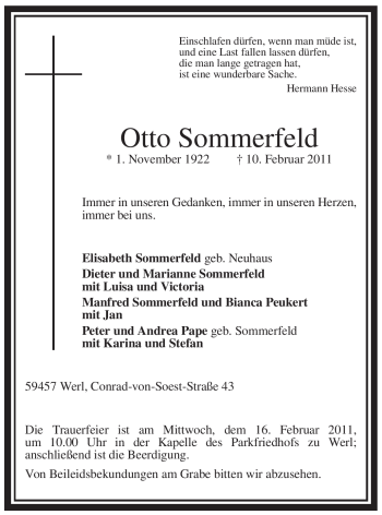 Traueranzeige von Otto Sommerfeld von WESTFÄLISCHER ANZEIGER