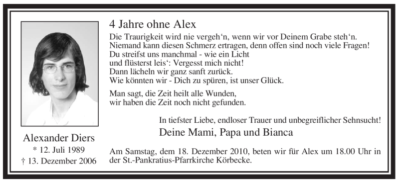  Traueranzeige für Alexander Diers vom 13.12.2010 aus WESTFÄLISCHER ANZEIGER