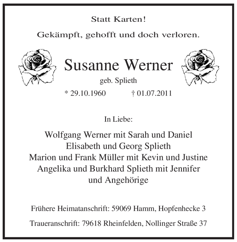  Traueranzeige für Susanne Werner vom 04.07.2011 aus WESTFÄLISCHER ANZEIGER