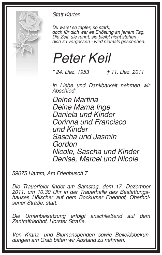  Traueranzeige für Peter Keil vom 14.12.2011 aus WESTFÄLISCHER ANZEIGER