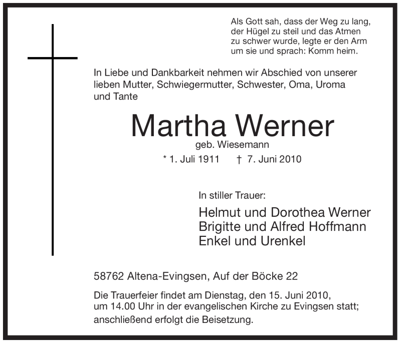  Traueranzeige für Martha Werner vom 12.06.2010 aus WESTFÄLISCHER ANZEIGER