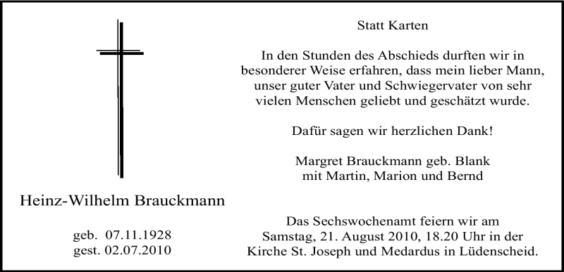  Traueranzeige für Heinz-Wilhelm Brauckmann vom 14.08.2010 aus WESTFÄLISCHER ANZEIGER