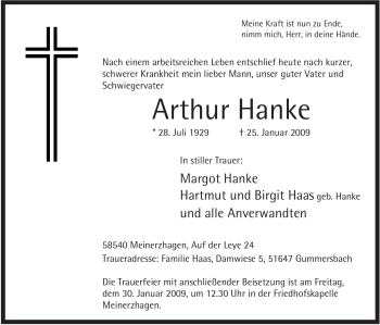 Traueranzeige von Arthur Hanke von WESTFÄLISCHER ANZEIGER