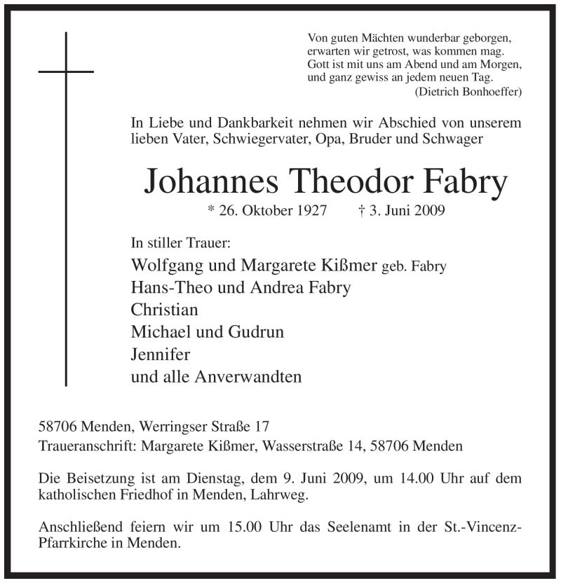  Traueranzeige für Johannes Theodor Fabry vom 06.06.2009 aus WESTFÄLISCHER ANZEIGER