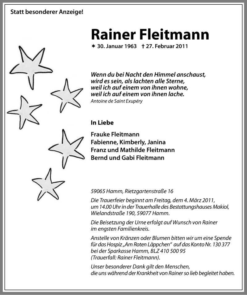  Traueranzeige für Rainer Fleitmann vom 01.03.2011 aus WESTFÄLISCHER ANZEIGER
