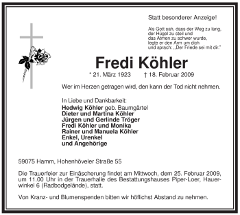 Traueranzeige von Fredi Köhler von WESTFÄLISCHER ANZEIGER