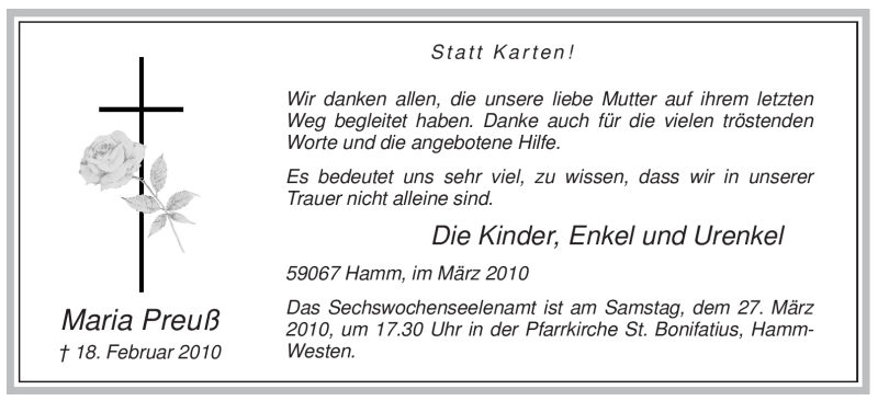  Traueranzeige für Maria Preuß vom 20.03.2010 aus WESTFÄLISCHER ANZEIGER
