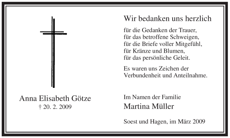  Traueranzeige für Anna Elisabeth Götze vom 21.03.2009 aus WESTFÄLISCHER ANZEIGER