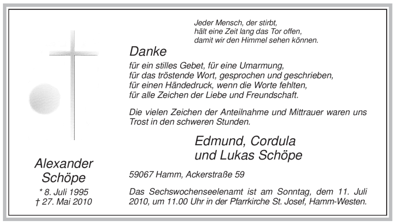  Traueranzeige für Alexander Schöpe vom 03.07.2010 aus WESTFÄLISCHER ANZEIGER