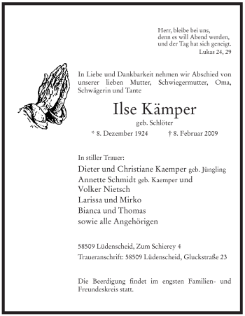 Traueranzeige von Ilse Kämper von WESTFÄLISCHER ANZEIGER