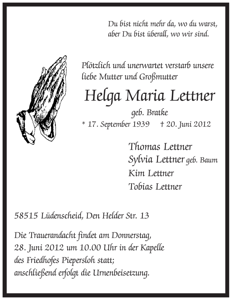  Traueranzeige für Maria Helga Lettner vom 26.06.2012 aus WESTFÄLISCHER ANZEIGER