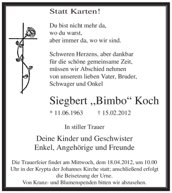 Traueranzeige von Siegbert Koch von WESTFÄLISCHER ANZEIGER