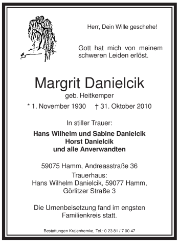 Traueranzeige von Margrit Danielcik von WESTFÄLISCHER ANZEIGER