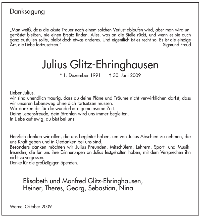  Traueranzeige für Julius Glitz-Ehringhausen vom 08.10.2009 aus WESTFÄLISCHER ANZEIGER