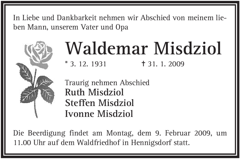  Traueranzeige für Waldemar Misdziol vom 05.02.2009 aus WESTFÄLISCHER ANZEIGER