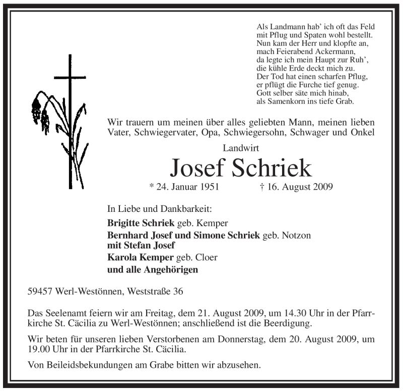  Traueranzeige für Josef Schriek vom 18.08.2009 aus WESTFÄLISCHER ANZEIGER