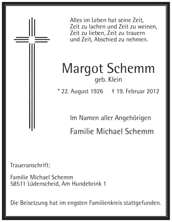 Traueranzeige von Margot Schemm von WESTFÄLISCHER ANZEIGER