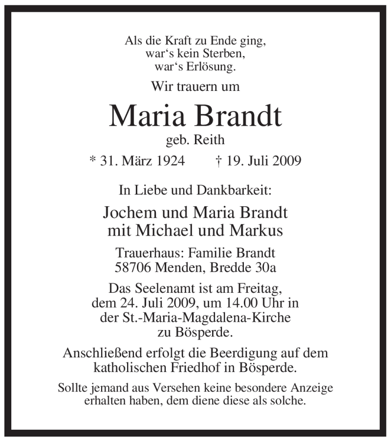  Traueranzeige für Maria Brandt vom 22.07.2009 aus WESTFÄLISCHER ANZEIGER