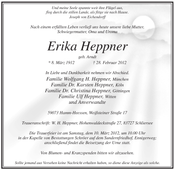 Traueranzeige von Erika Heppner von WESTFÄLISCHER ANZEIGER