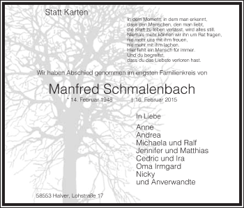 Traueranzeige von Manfred Schmalenbach von MZV