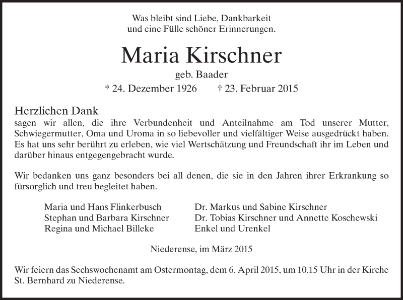  Traueranzeige für Maria Kirschner vom 28.03.2015 aus MZV