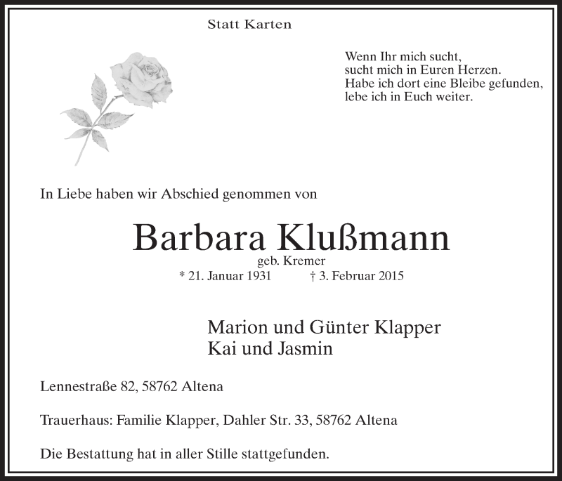  Traueranzeige für Barbara Klußmann vom 14.02.2015 aus MZV