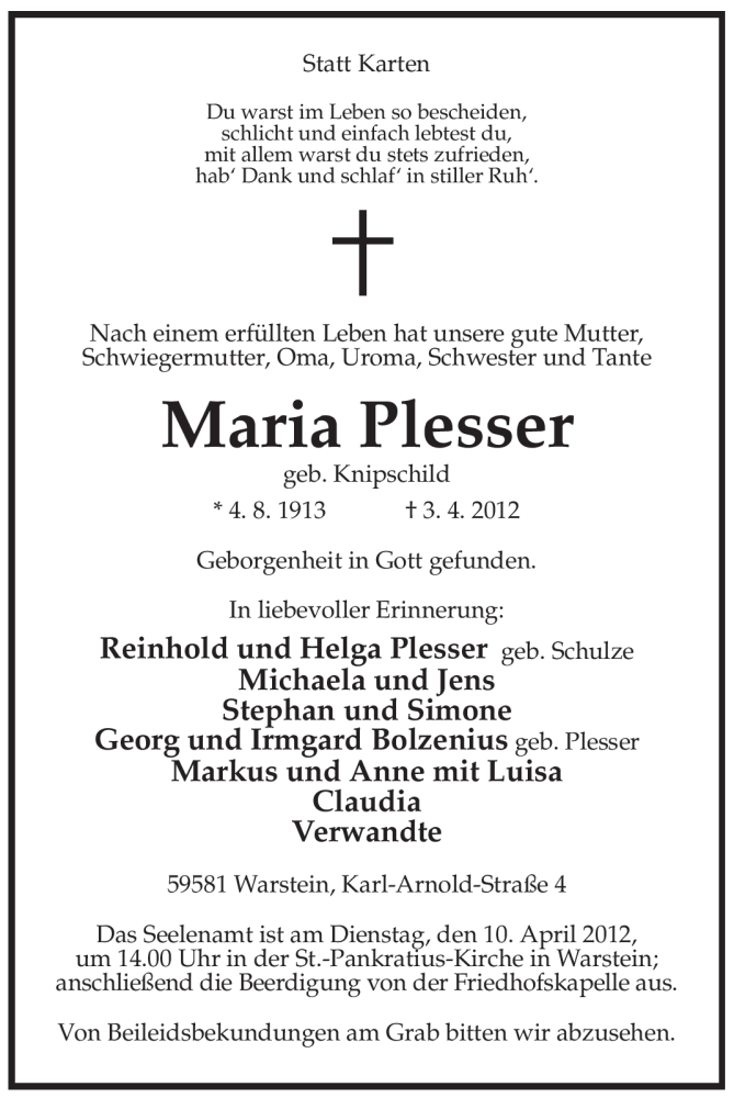  Traueranzeige für Maria Plesser vom 04.04.2012 aus WESTFÄLISCHER ANZEIGER
