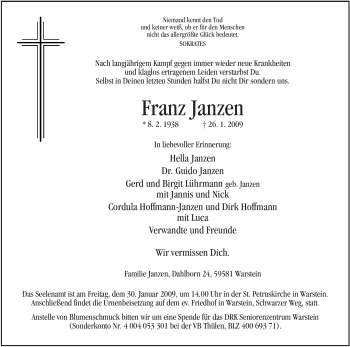 Traueranzeige von Franz Janzen von WESTFÄLISCHER ANZEIGER
