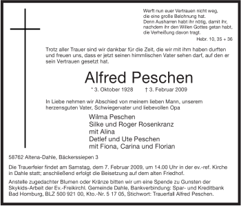 Traueranzeige von Alfred Peschen von WESTFÄLISCHER ANZEIGER